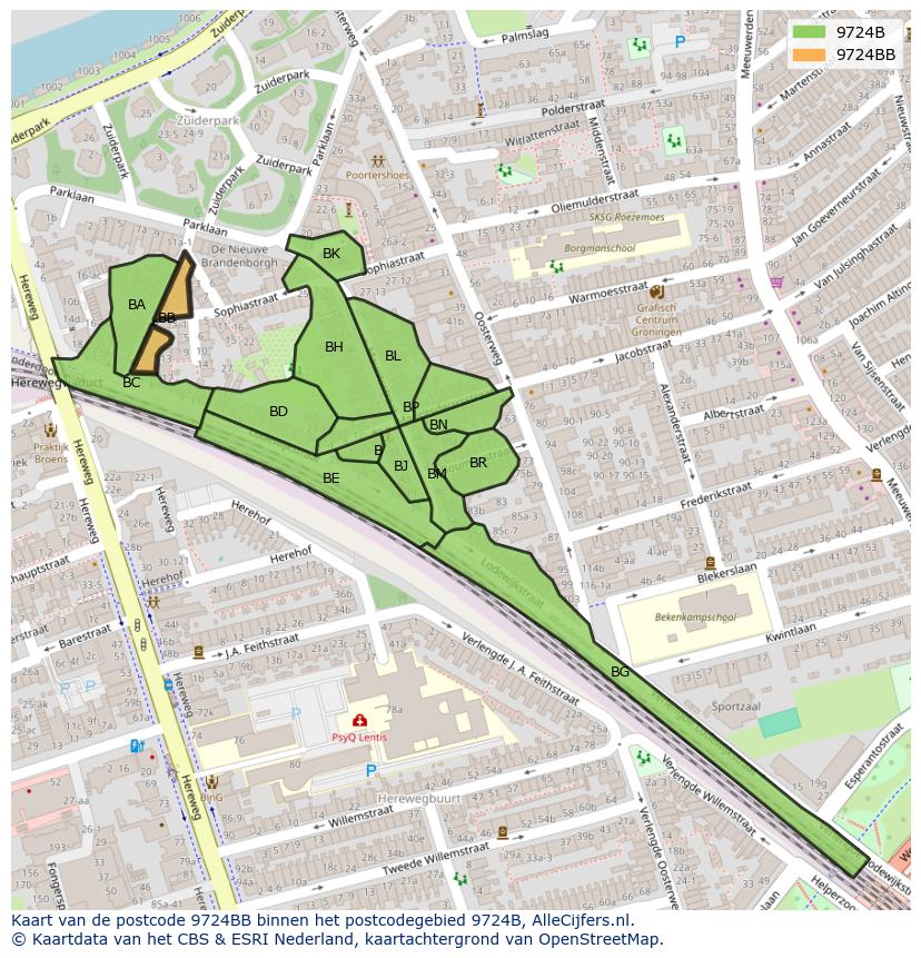 Afbeelding van het postcodegebied 9724 BB op de kaart.