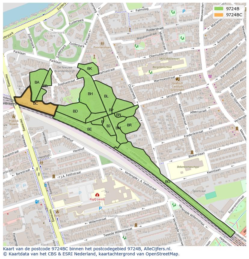 Afbeelding van het postcodegebied 9724 BC op de kaart.
