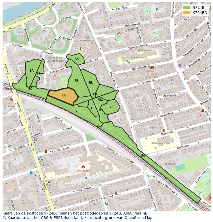 Afbeelding van het postcodegebied 9724 BD op de kaart.