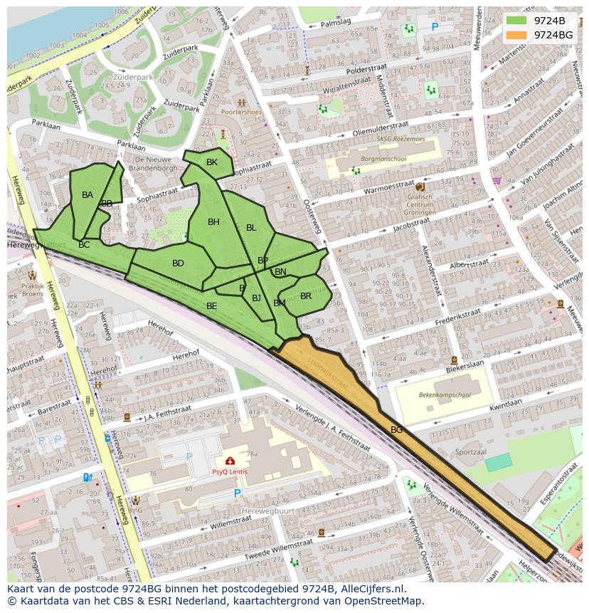 Afbeelding van het postcodegebied 9724 BG op de kaart.