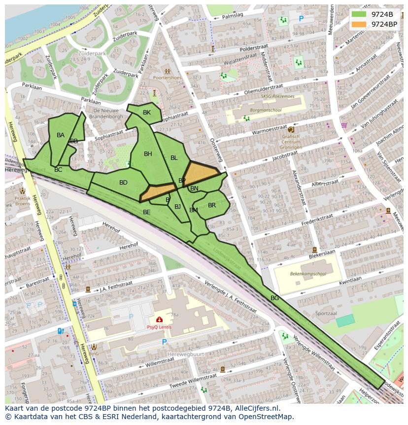 Afbeelding van het postcodegebied 9724 BP op de kaart.