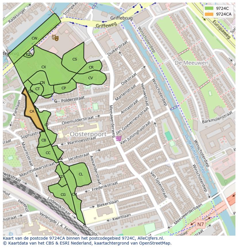 Afbeelding van het postcodegebied 9724 CA op de kaart.