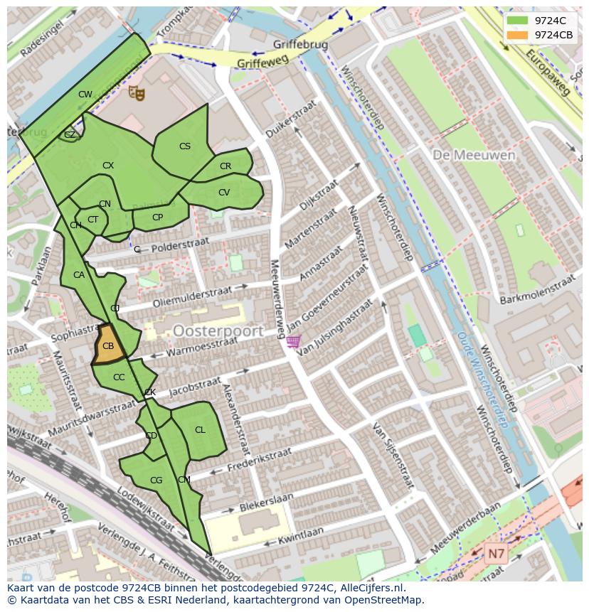 Afbeelding van het postcodegebied 9724 CB op de kaart.