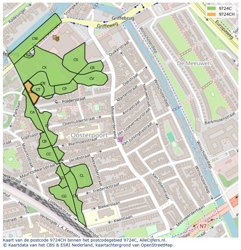 Afbeelding van het postcodegebied 9724 CH op de kaart.