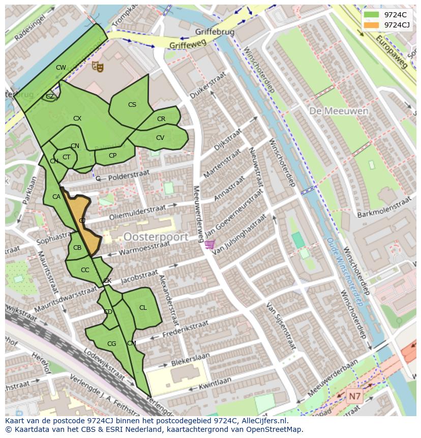 Afbeelding van het postcodegebied 9724 CJ op de kaart.