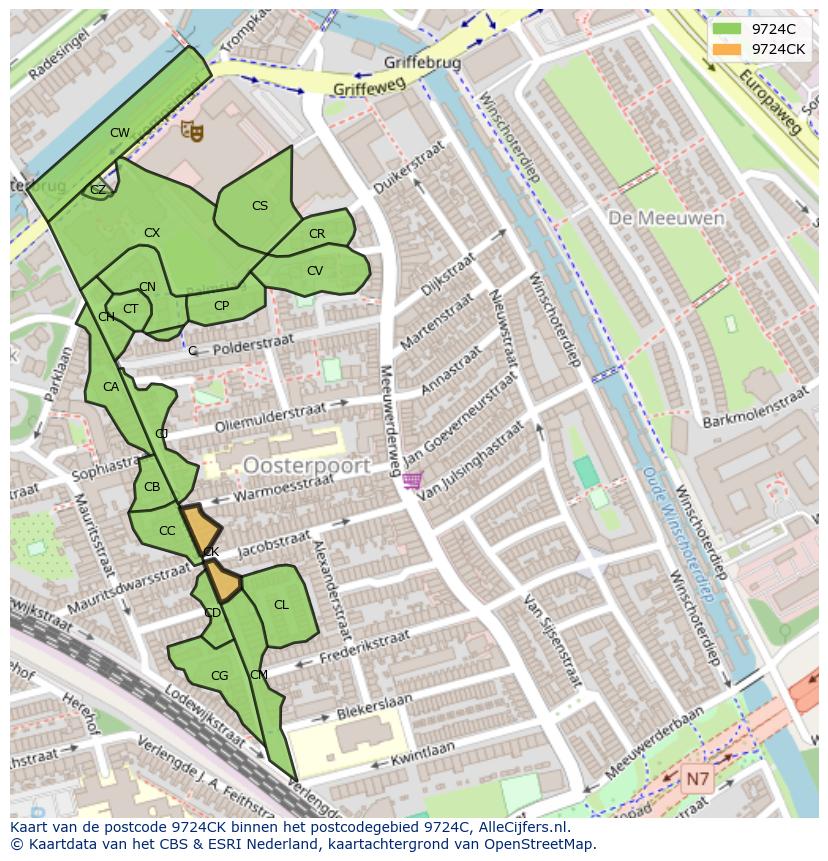 Afbeelding van het postcodegebied 9724 CK op de kaart.