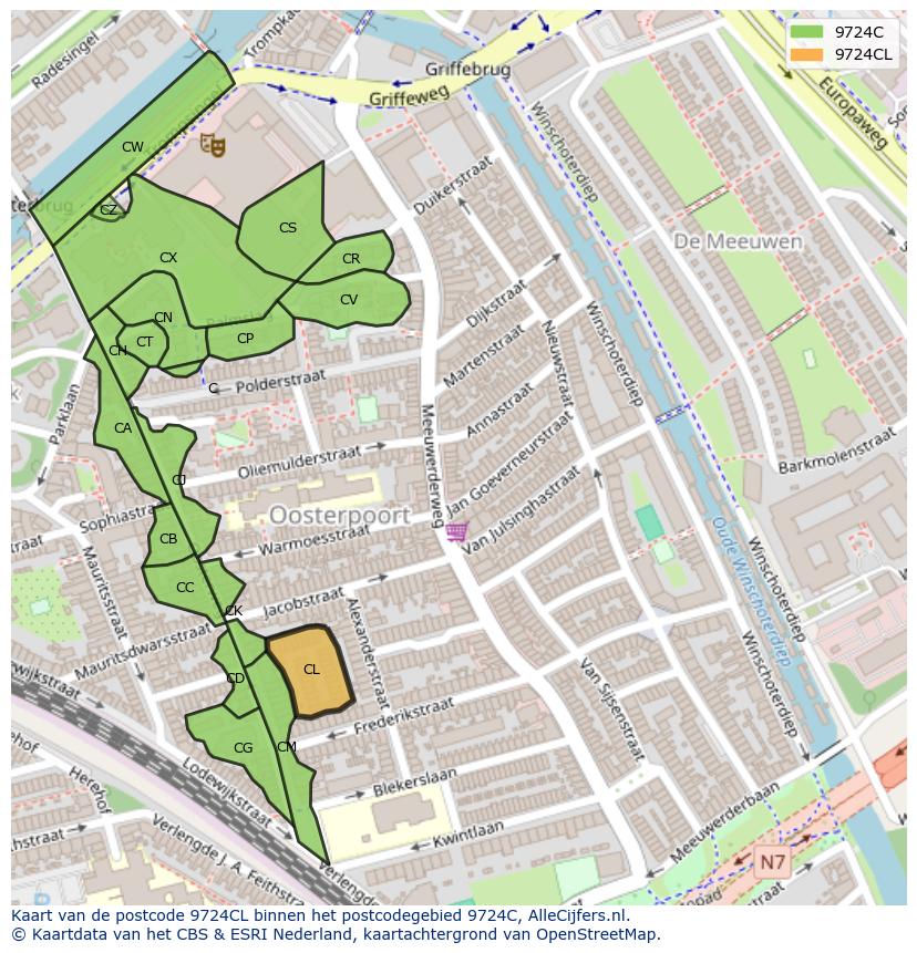 Afbeelding van het postcodegebied 9724 CL op de kaart.