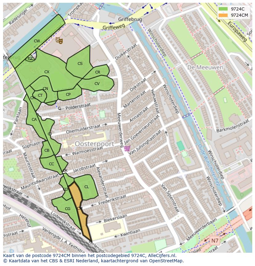 Afbeelding van het postcodegebied 9724 CM op de kaart.