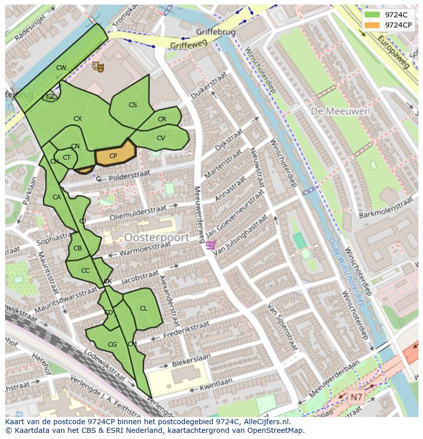 Afbeelding van het postcodegebied 9724 CP op de kaart.