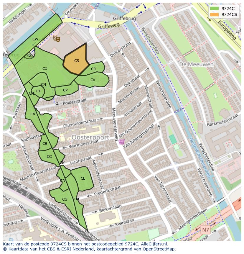 Afbeelding van het postcodegebied 9724 CS op de kaart.