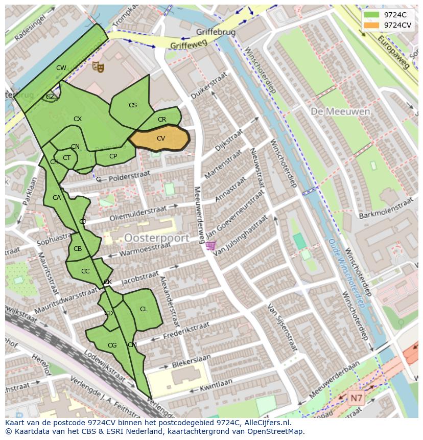 Afbeelding van het postcodegebied 9724 CV op de kaart.
