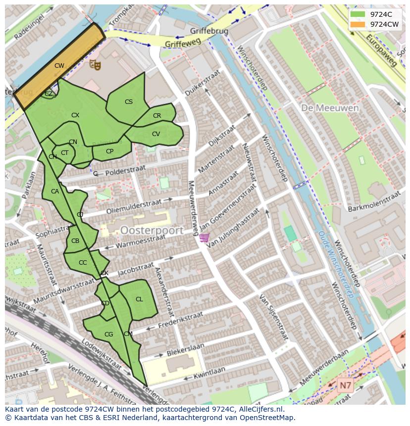 Afbeelding van het postcodegebied 9724 CW op de kaart.