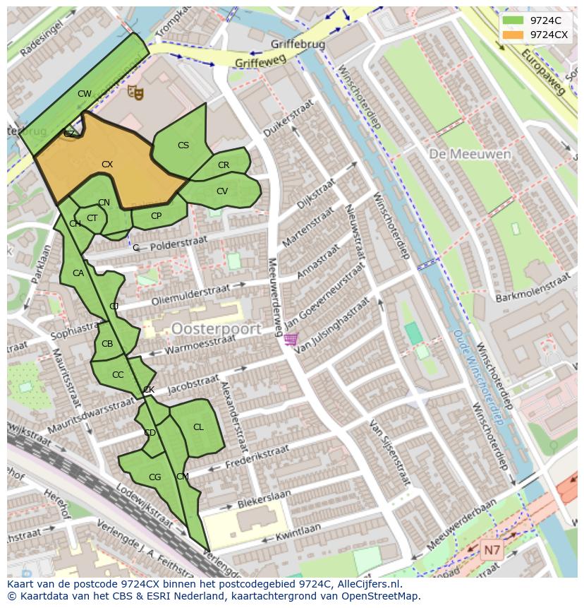 Afbeelding van het postcodegebied 9724 CX op de kaart.
