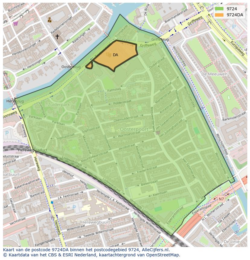 Afbeelding van het postcodegebied 9724 DA op de kaart.