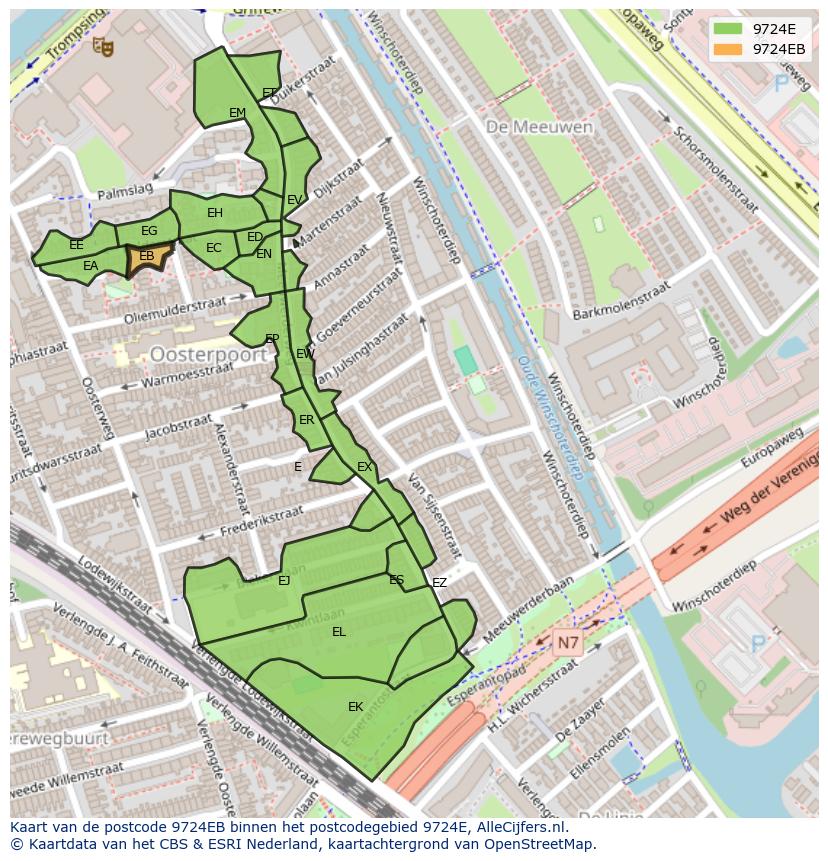 Afbeelding van het postcodegebied 9724 EB op de kaart.