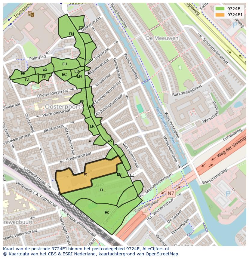 Afbeelding van het postcodegebied 9724 EJ op de kaart.