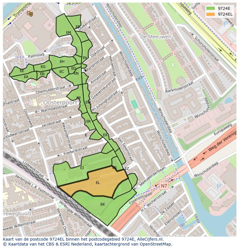 Afbeelding van het postcodegebied 9724 EL op de kaart.