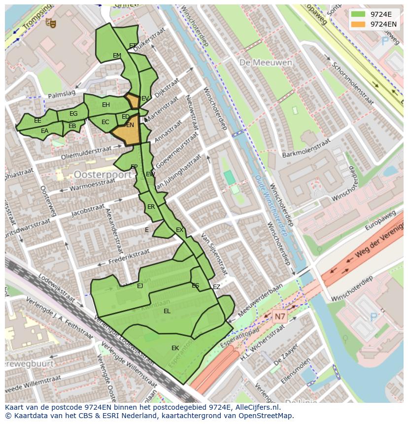 Afbeelding van het postcodegebied 9724 EN op de kaart.