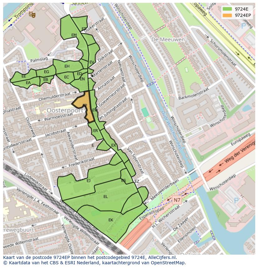 Afbeelding van het postcodegebied 9724 EP op de kaart.