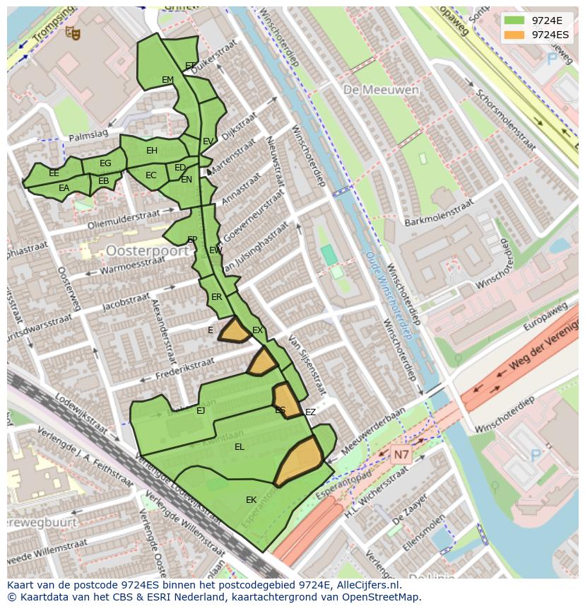 Afbeelding van het postcodegebied 9724 ES op de kaart.