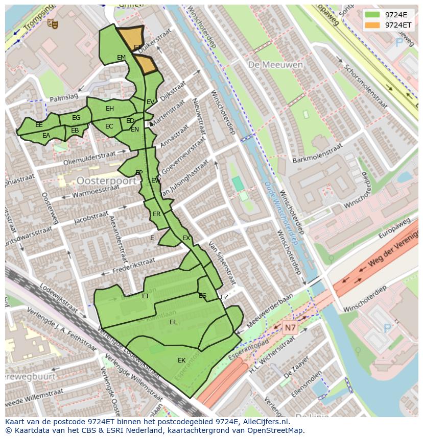 Afbeelding van het postcodegebied 9724 ET op de kaart.