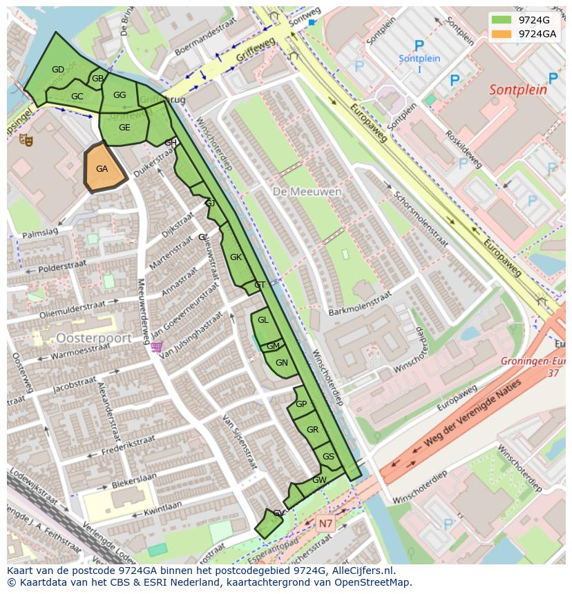 Afbeelding van het postcodegebied 9724 GA op de kaart.