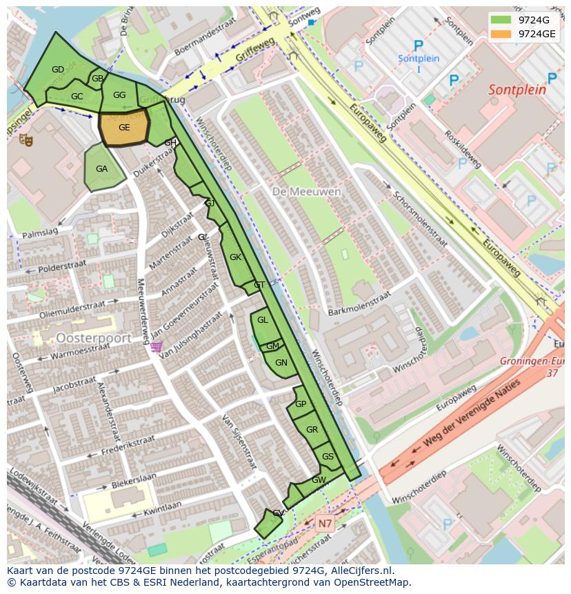Afbeelding van het postcodegebied 9724 GE op de kaart.