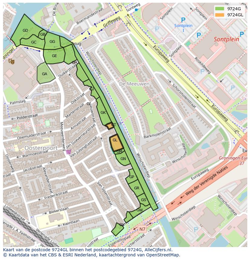 Afbeelding van het postcodegebied 9724 GL op de kaart.
