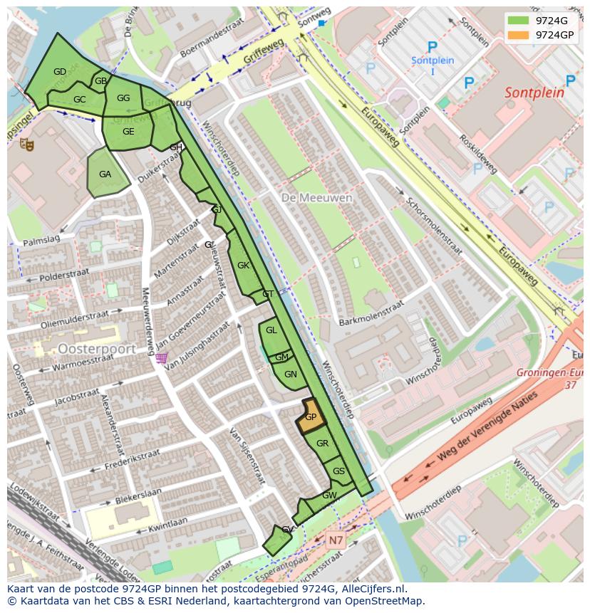 Afbeelding van het postcodegebied 9724 GP op de kaart.