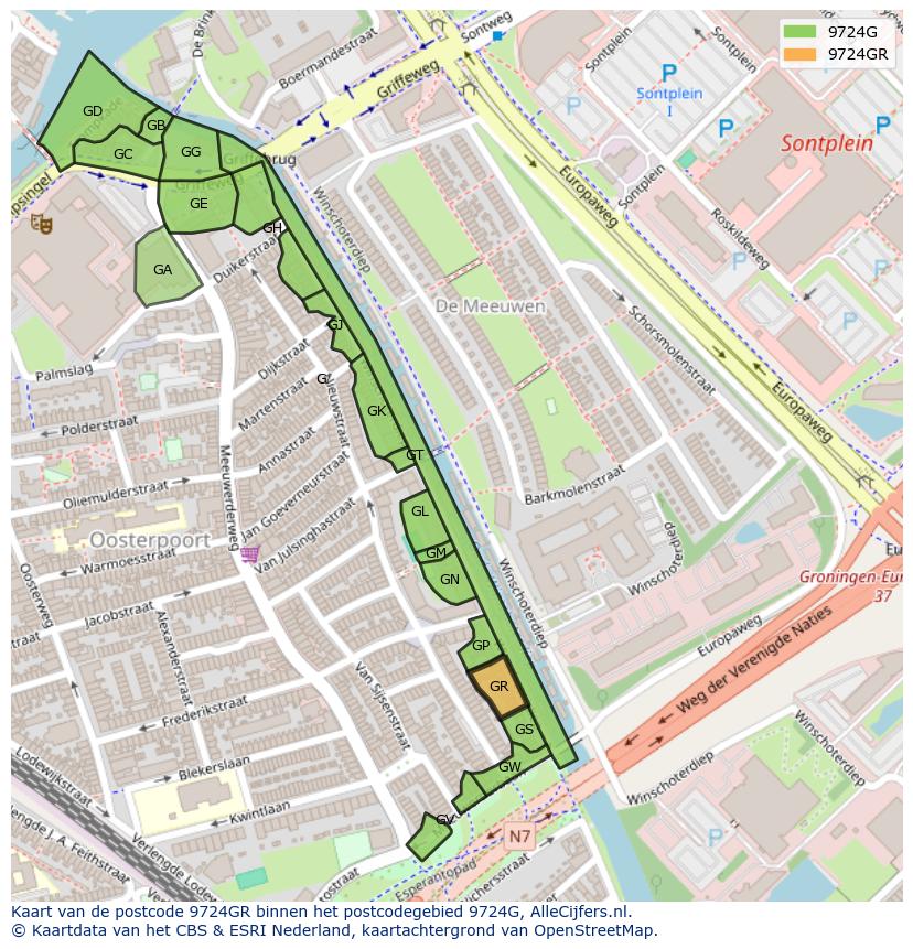 Afbeelding van het postcodegebied 9724 GR op de kaart.