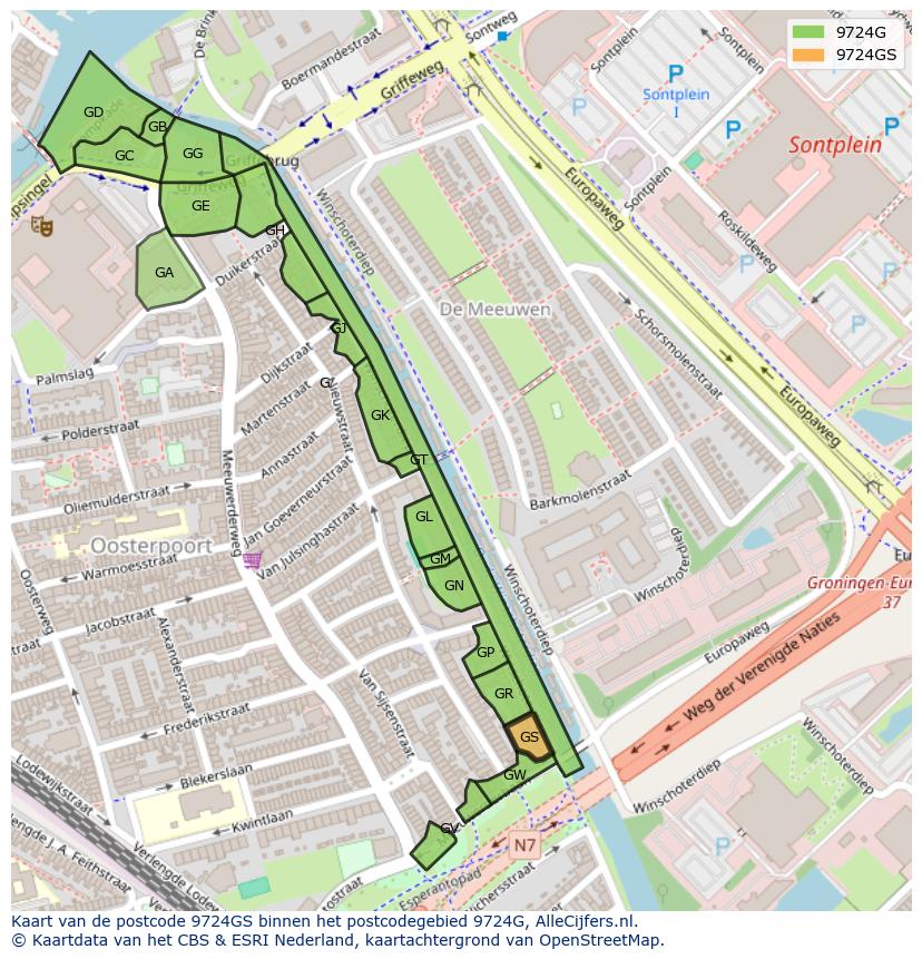Afbeelding van het postcodegebied 9724 GS op de kaart.