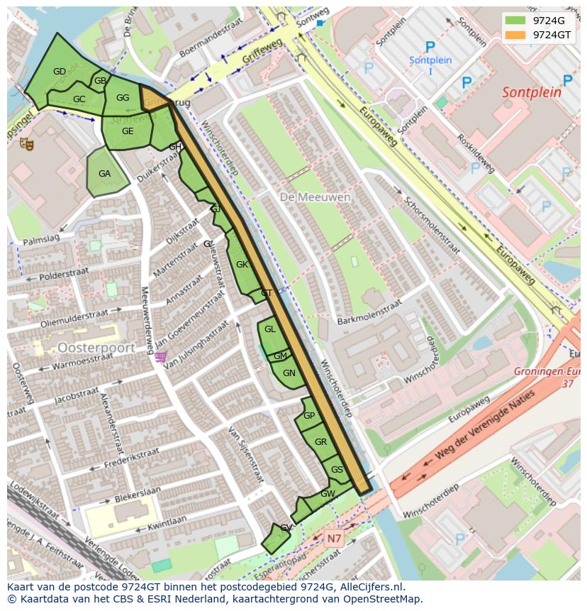 Afbeelding van het postcodegebied 9724 GT op de kaart.
