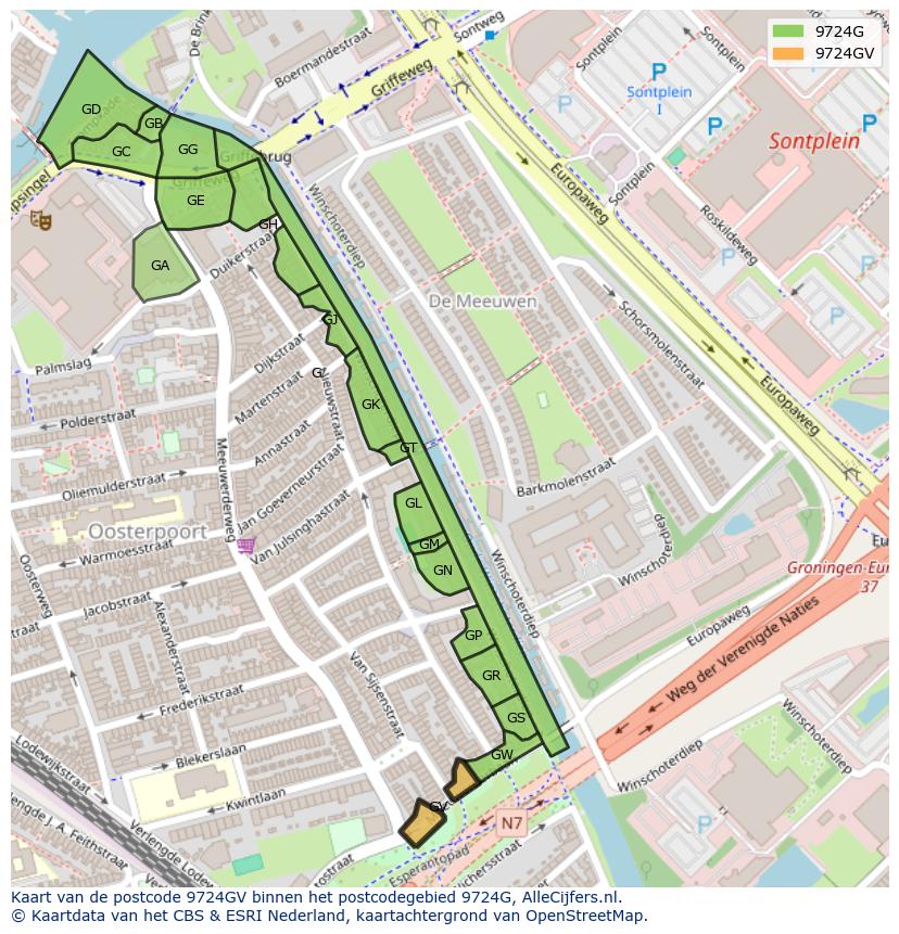 Afbeelding van het postcodegebied 9724 GV op de kaart.