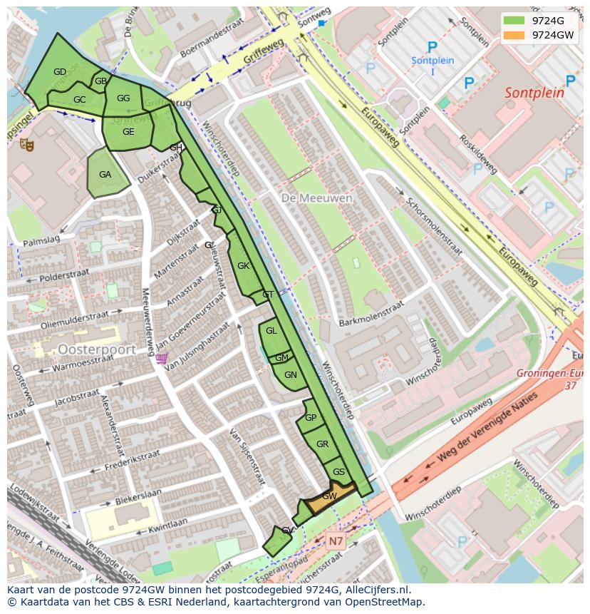 Afbeelding van het postcodegebied 9724 GW op de kaart.