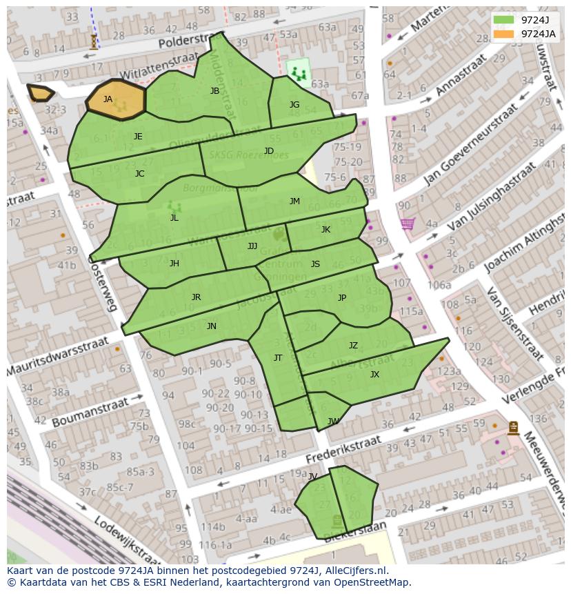 Afbeelding van het postcodegebied 9724 JA op de kaart.