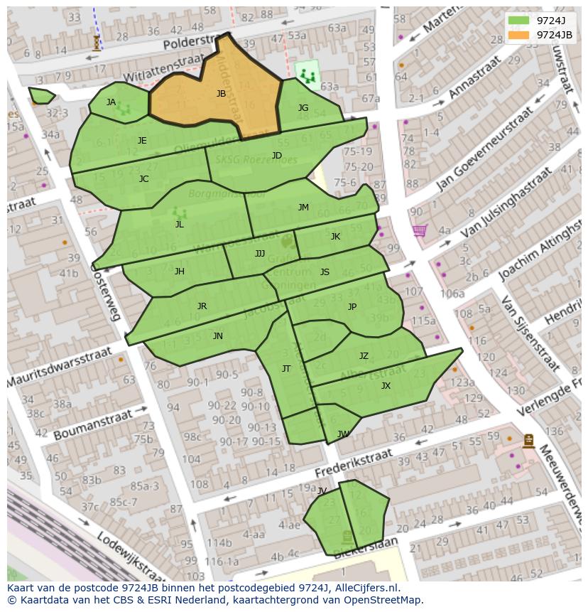 Afbeelding van het postcodegebied 9724 JB op de kaart.