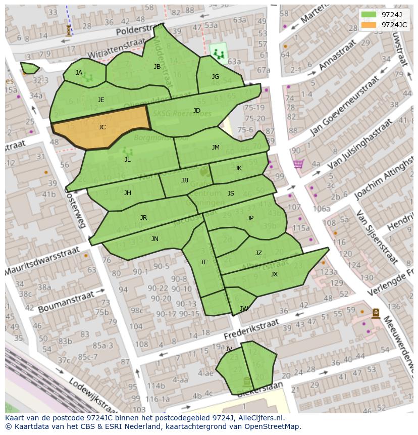 Afbeelding van het postcodegebied 9724 JC op de kaart.