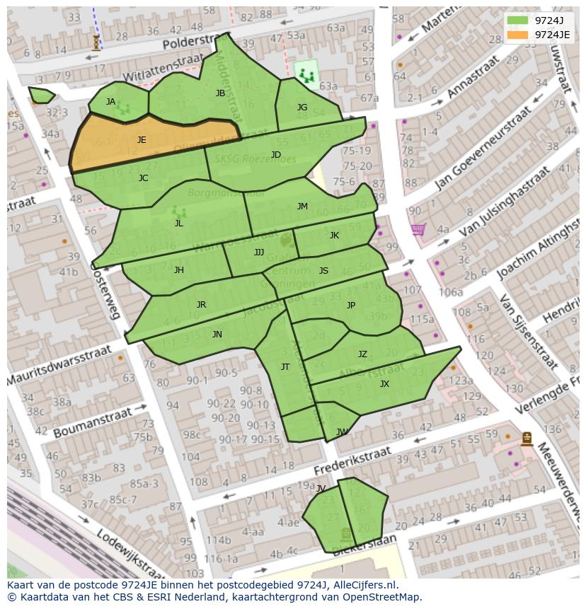 Afbeelding van het postcodegebied 9724 JE op de kaart.