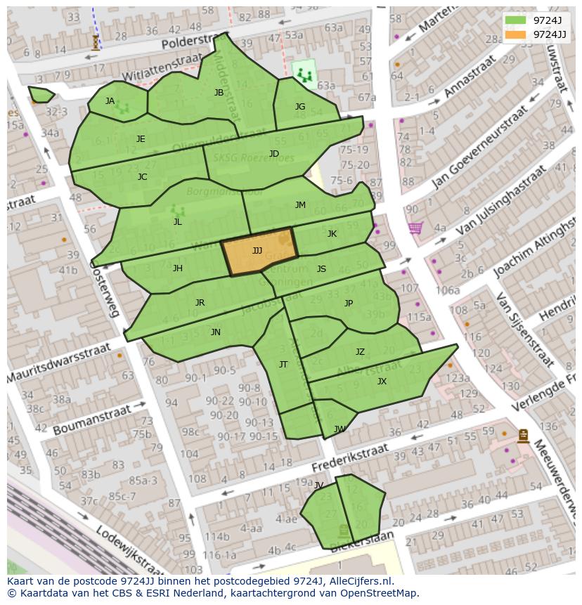 Afbeelding van het postcodegebied 9724 JJ op de kaart.