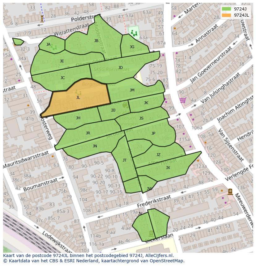 Afbeelding van het postcodegebied 9724 JL op de kaart.