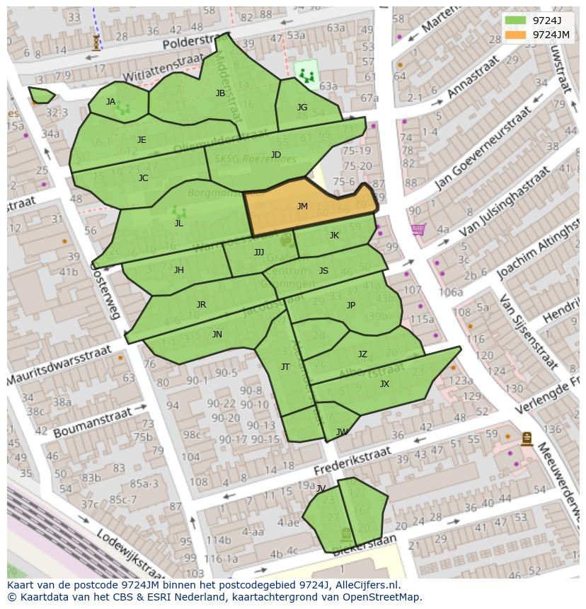 Afbeelding van het postcodegebied 9724 JM op de kaart.