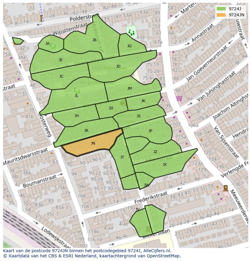 Afbeelding van het postcodegebied 9724 JN op de kaart.