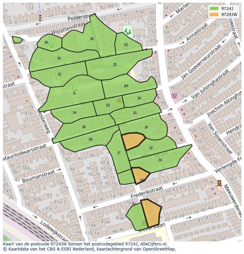 Afbeelding van het postcodegebied 9724 JW op de kaart.