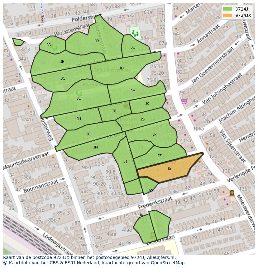 Afbeelding van het postcodegebied 9724 JX op de kaart.