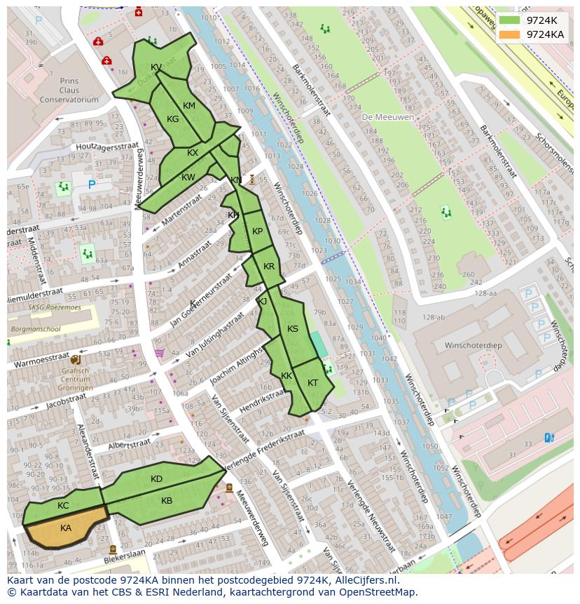 Afbeelding van het postcodegebied 9724 KA op de kaart.