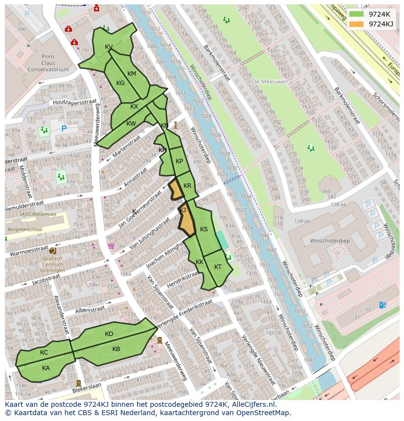 Afbeelding van het postcodegebied 9724 KJ op de kaart.