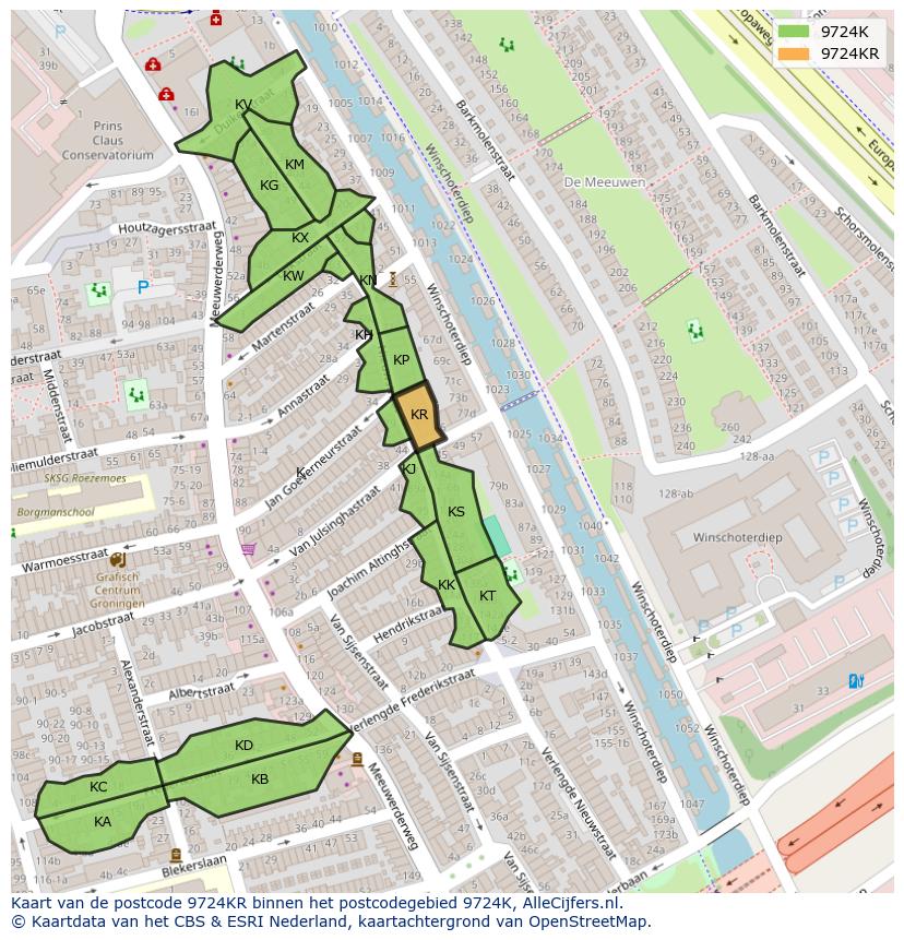Afbeelding van het postcodegebied 9724 KR op de kaart.