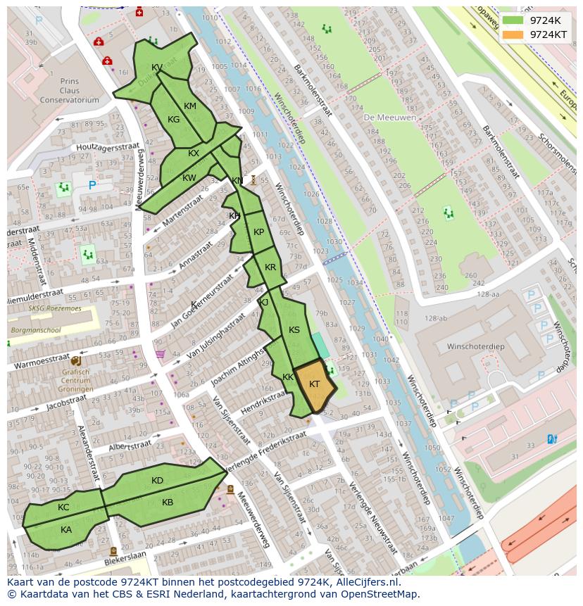 Afbeelding van het postcodegebied 9724 KT op de kaart.