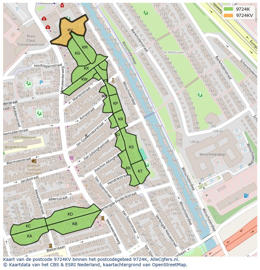 Afbeelding van het postcodegebied 9724 KV op de kaart.