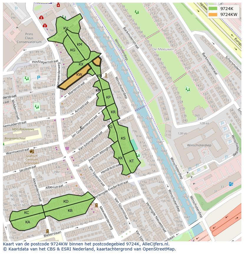 Afbeelding van het postcodegebied 9724 KW op de kaart.